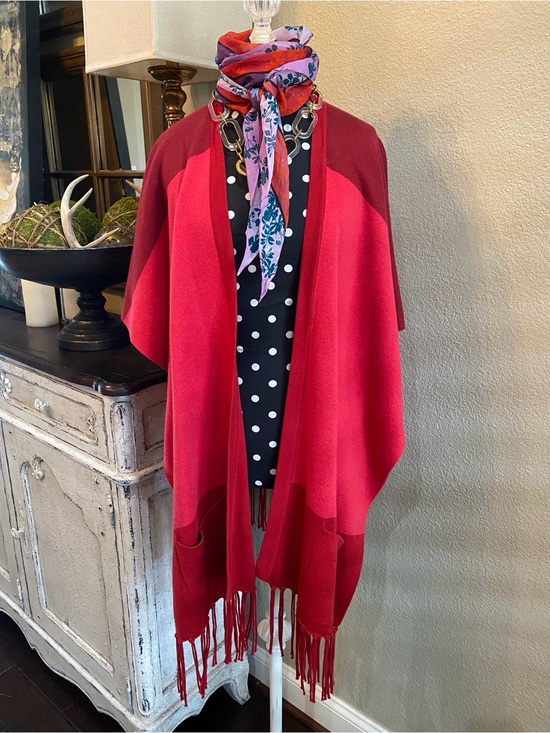 CAbi Sweaters - CAbi Fringe Poncho, Red, XS/Small